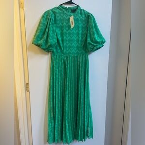NWT ASOS DESIGN high neck pleated chevron textured midi dress with puff sleeves